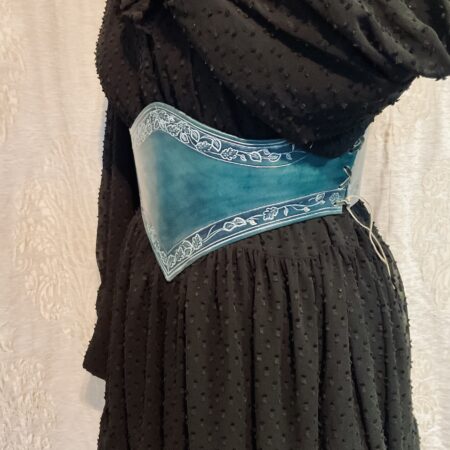 handmade turquoise leather corset belt | fantasy elf waist cincher | oak leaf stamped